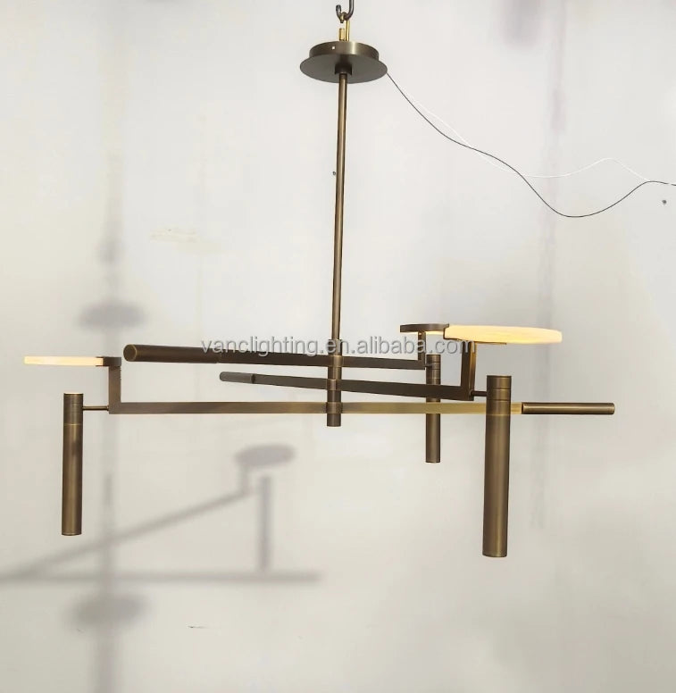 Sculptural Black Branch Chandelier, Crossed Metal Rods with Flat Alabaster Discs, Dining Room and Living Room