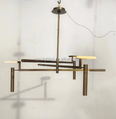 Sculptural Black Branch Chandelier, Crossed Metal Rods with Flat Alabaster Discs, Dining Room and Living Room