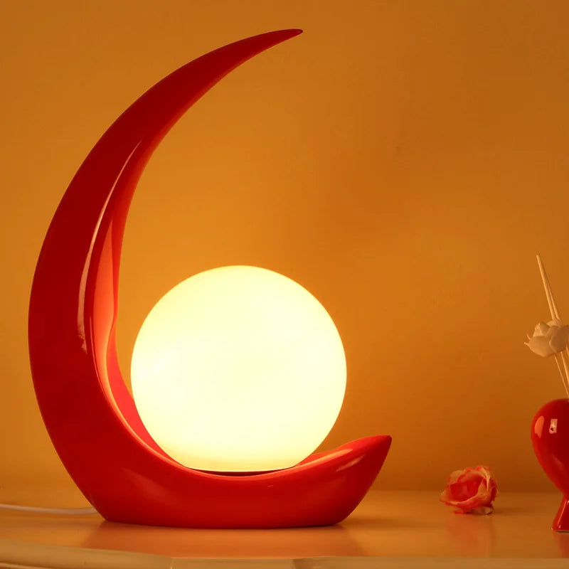 Arched Resin Sphere Table Lamp, Crescent Moon Silhouette, Opal Glass Globe, Gloss Red Finish, Bedside & Console