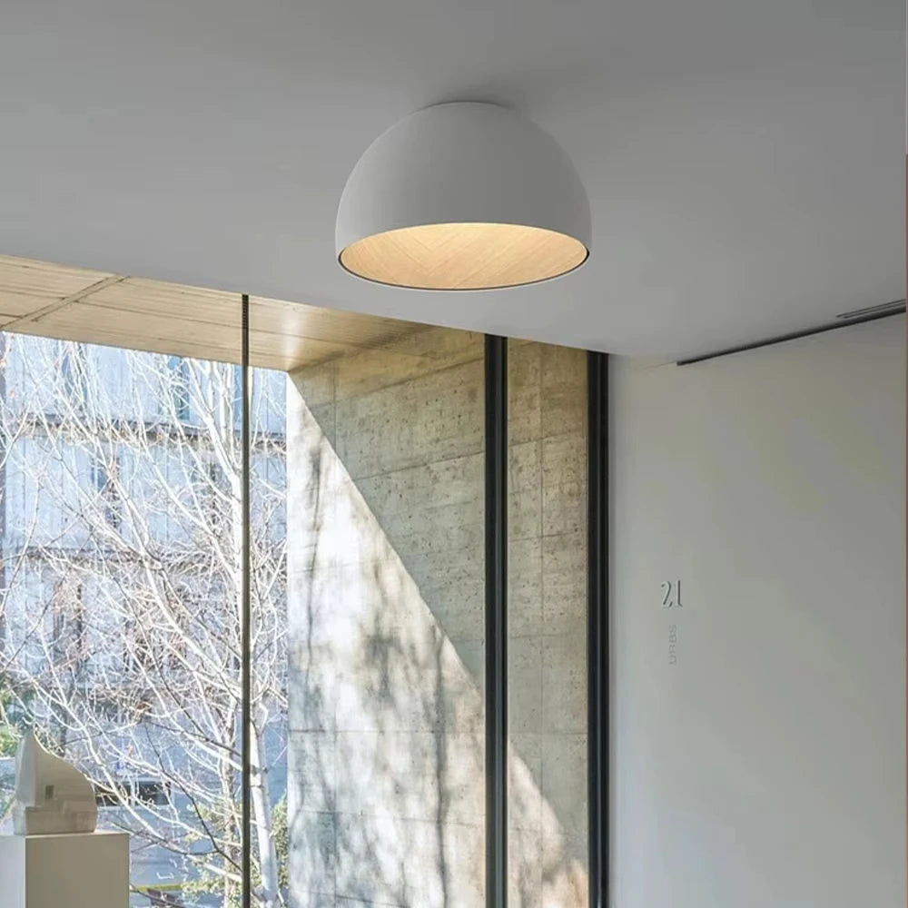Matt Black Plaster Dome Flush Ceiling Light, Wood-Lined Interior, Angled Mount, Remote Included, 50cm, Bedroom & Living Room