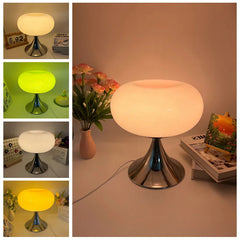 Glossy White Glass Dome Table Lamp on a Chrome Trumpet Base, Rounded Mushroom Silhouette, Bedside & Living Room