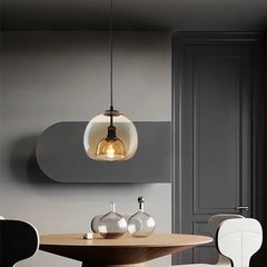 Amber Glass Globe Pendant Light, 3 Light Disc Cluster, Matt Black Disc, Staggered Drop, Dining Table & Kitchen Island
