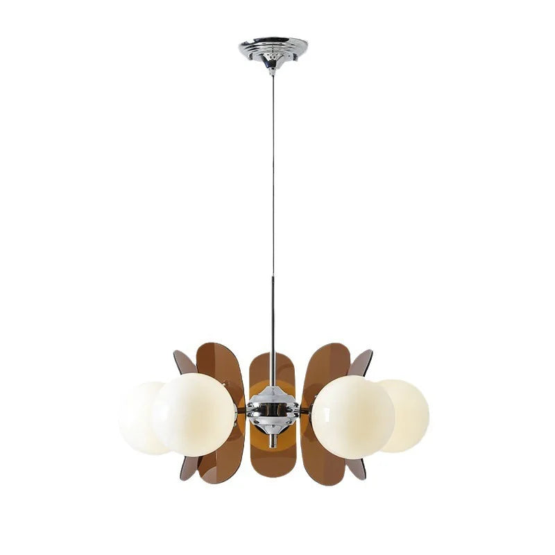 Opal Glass Cluster Chandelier, Chrome Finish, 5 Light Opal Glass Spheres with Brown Fin Panels, Dining Room, Living Room & Bedroom