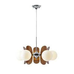 Opal Glass Cluster Chandelier, Chrome Finish, 5 Light Opal Glass Spheres with Brown Fin Panels, Dining Room, Living Room & Bedroom
