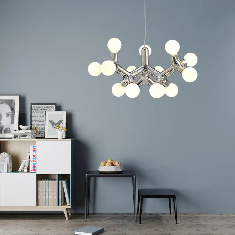 Chrome Branching Drop Chandelier, 7 Head, 500 Millimetre Drop, Opal Glass Ball Shades, Dining Table & Hallway