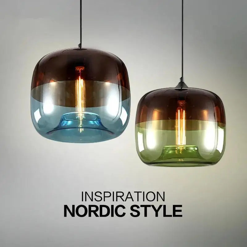 Amber to Green Ombre Glass Drum Pendant Light, Graduated Glass Tone, Exposed Bulb, Dining Table & Kitchen Island