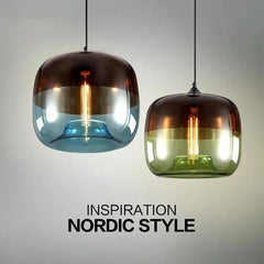 Amber to Green Ombre Glass Drum Pendant Light, Graduated Glass Tone, Exposed Bulb, Dining Table & Kitchen Island