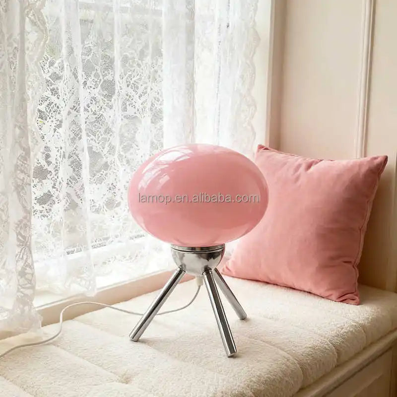 Glossy Pink Ellipse Glass Table Lamp, Splayed Chrome Tripod Base, No Separate Shade, Bedside & Living Room Accent Piece