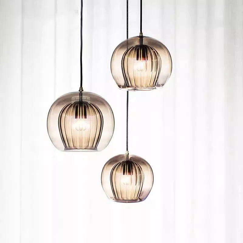 Ribbed Amber Smoked Glass Globe Pendant Light, Brass Cap on Braided Cable, 20cm, Bulb Not Included, Kitchen Island, Dining Table & Bedside