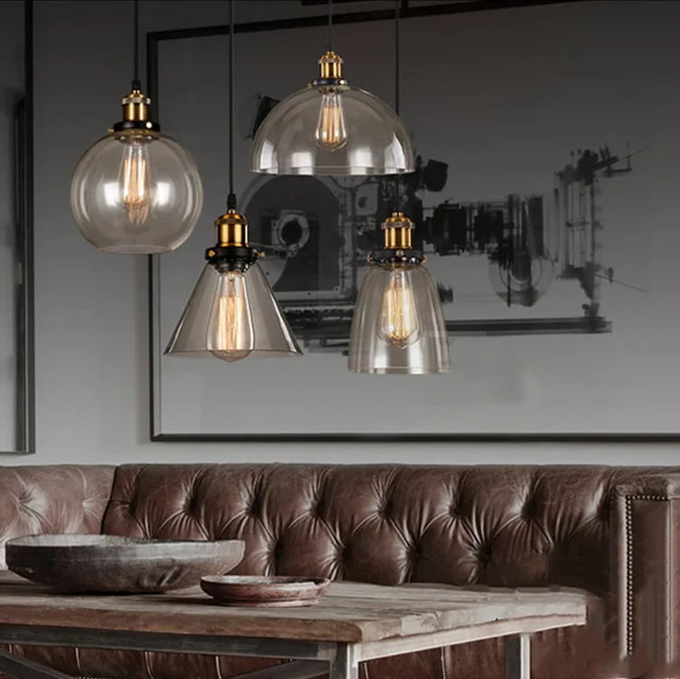Clear Amber Glass Globe Pendant Light, Antique Brass Holder, Exposed Lamp, Kitchen Island, Dining Table & Hallway