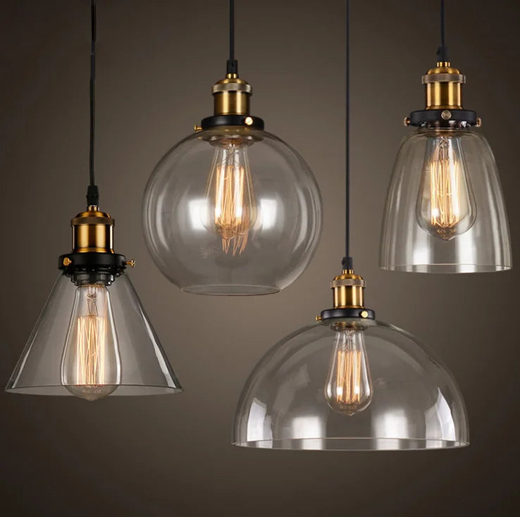 Clear Amber Glass Globe Pendant Light, Antique Brass Holder, Exposed Lamp, Kitchen Island, Dining Table & Hallway