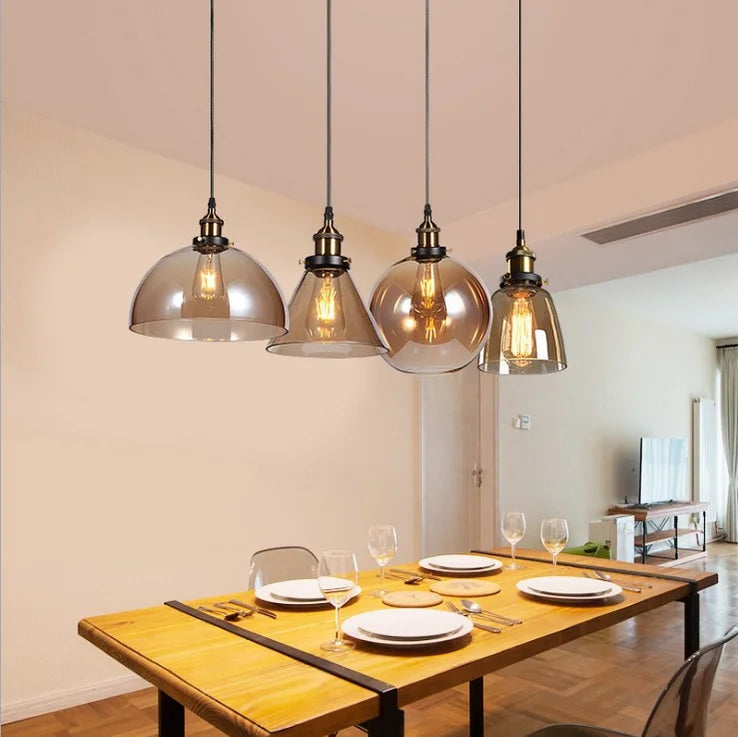 Clear Amber Glass Globe Pendant Light, Antique Brass Holder, Exposed Lamp, Kitchen Island, Dining Table & Hallway