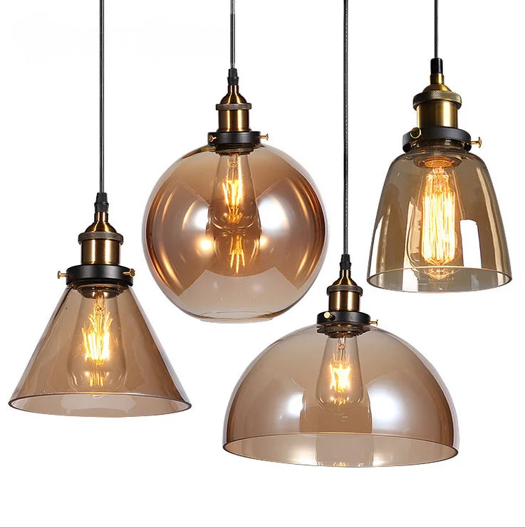 Clear Amber Glass Globe Pendant Light, Antique Brass Holder, Exposed Lamp, Kitchen Island, Dining Table & Hallway