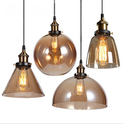 Clear Amber Glass Globe Pendant Light, Antique Brass Holder, Exposed Lamp, Kitchen Island, Dining Table & Hallway