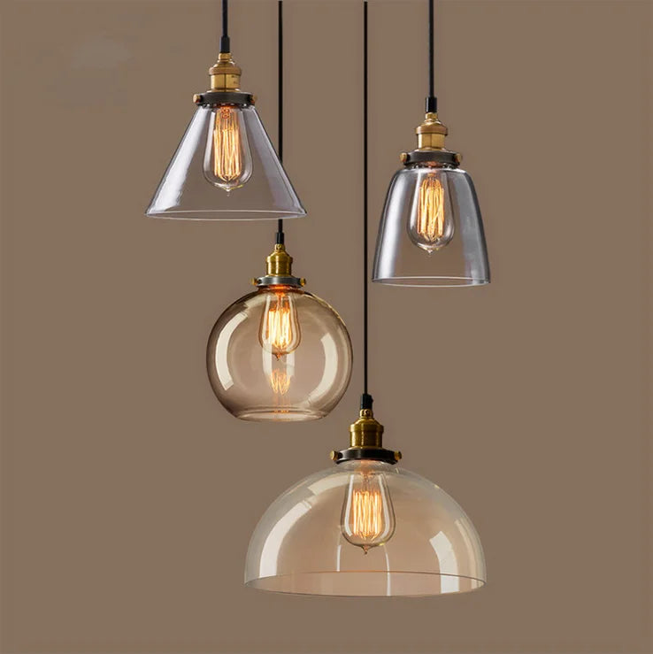 Clear Amber Glass Globe Pendant Light, Antique Brass Holder, Exposed Lamp, Kitchen Island, Dining Table & Hallway