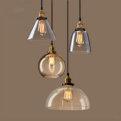 Clear Amber Glass Globe Pendant Light, Antique Brass Holder, Exposed Lamp, Kitchen Island, Dining Table & Hallway