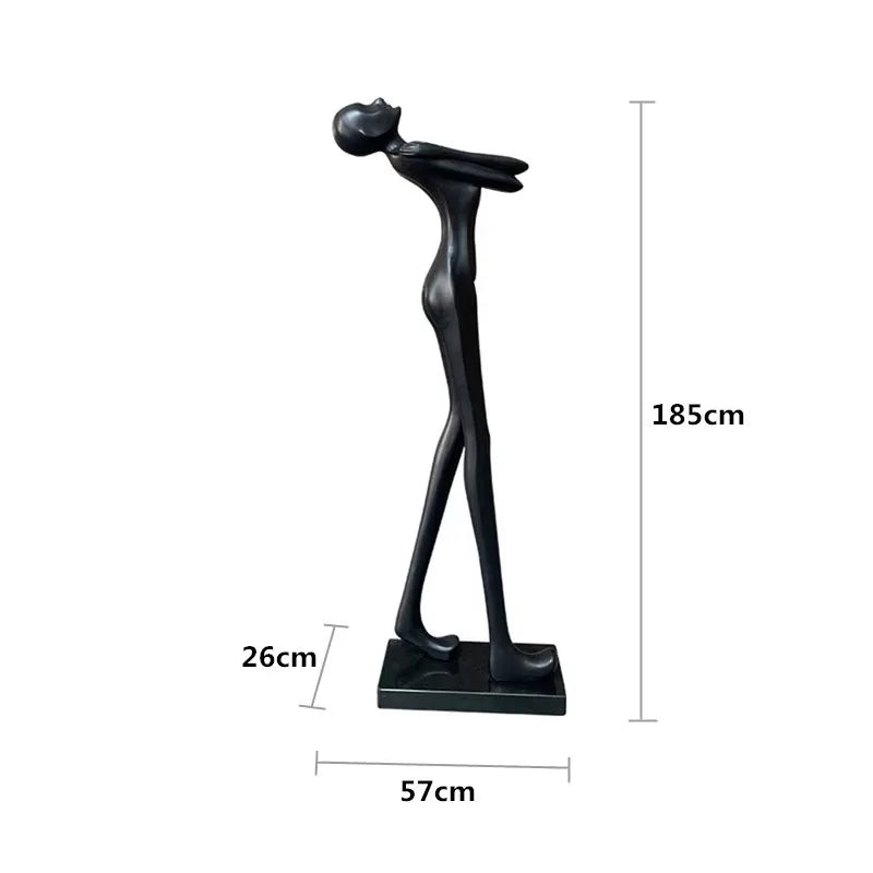 Matt Black Resin Figure Floor Lamp, 185cm Bowed Standing Form, Integrated Sphere Light, Living Room & Hallway Corner