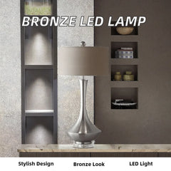 Polished Nickel Teardrop Table Lamp, 30 x 62cm, Taupe Drum Shade, Tapered Base on Crystal Foot, Bedside & Console