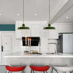 Glazed Green Enamel 35cm Dome Pendant Light, Brass Cap and Brass-Lined Interior, Exposed Bulb, Kitchen Island & Dining Table