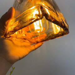 Amber Glass Ruffled Bell Pendant Light, 14cm Shade, Brushed Brass Fitting, Twisted Cord, Bedside & Living Room