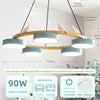 Textured Wood Ring Chandelier, 5 Blue Drum Shades, Resin Bird Detail, Natural Finish, Dining Room & Living Room