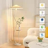 White Curved Stem Floor Lamp With Side Shelf, Low Pleated Cream Cone Shade, Marble Base, Living Room, Bedroom & Reading Corner