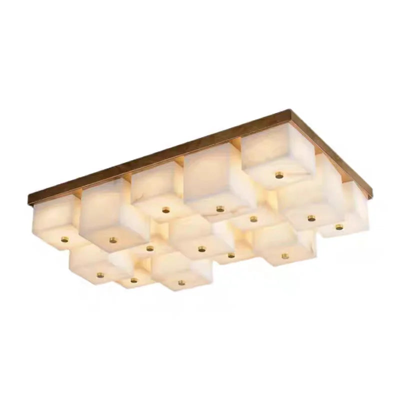 Marbled Alabaster Cube Flush Ceiling Light, 12 Light Grid of Glowing Blocks in a Brass Frame, Dining Room, Living Room & Hallway