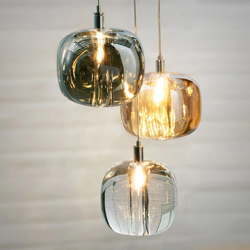 Smoked and Amber Glass Cluster Pendant Light, Mini Cluster, Rounded Cushion Shades, Stairwell, Dining Room & Living Room