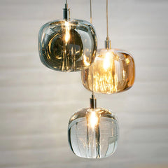 Smoked and Amber Glass Cluster Pendant Light, Mini Cluster, Rounded Cushion Shades, Stairwell, Dining Room & Living Room