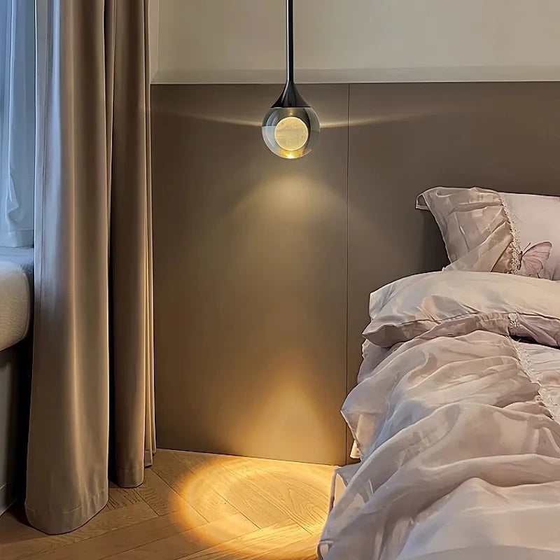 Clear Glass Globe Pendant Light, Frosted Inner Sphere, Slim Chrome Drop Rod Fitting, Bedside & Bedroom Reading Corner