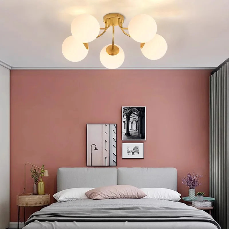 Opal Glass Globe Burst Semi Flush Ceiling Light, 12 Globes on Matt Black Branching Arms, Wide Arm Spread, Living Room, Bedroom & Hallway