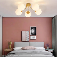 Opal Glass Globe Burst Semi Flush Ceiling Light, 12 Globes on Matt Black Branching Arms, Wide Arm Spread, Living Room, Bedroom & Hallway