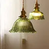 Fluted Green Glass Bell Pendant Light, Scalloped Floral Edge on a Brass Fitting, Bulb Not Included, Bedside & Living Room