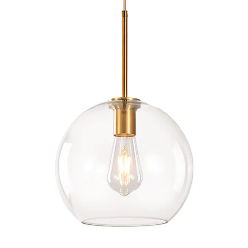 Clear Glass Globe Pendant Light, Brass Rod Suspension, Contemporary Style, Kitchen Island, Dining Table & Living Room
