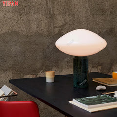 Glossy Opal Glass Dome Table Lamp, Green Marble Column Base, Rounded Mushroom Shade, 25 x 36cm, Bedside & Console Table