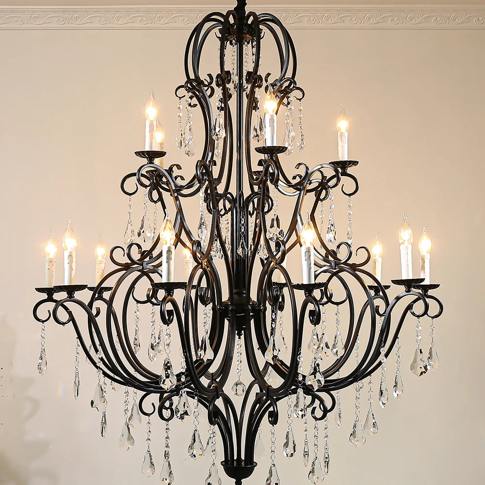 Scrolled Black Iron Branch Chandelier, 18 Light, Clear Crystal Drops, Two Tier Frame, Dining Room and Stairwell