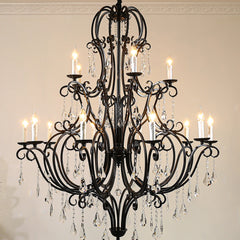 Scrolled Black Iron Branch Chandelier, 18 Light, Clear Crystal Drops, Two Tier Frame, Dining Room and Stairwell