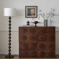 Stacked Wood Bead Column Floor Lamp, Near Black Finish, Cream Drum Shade, Living Room, Reading Corner & Bedroom