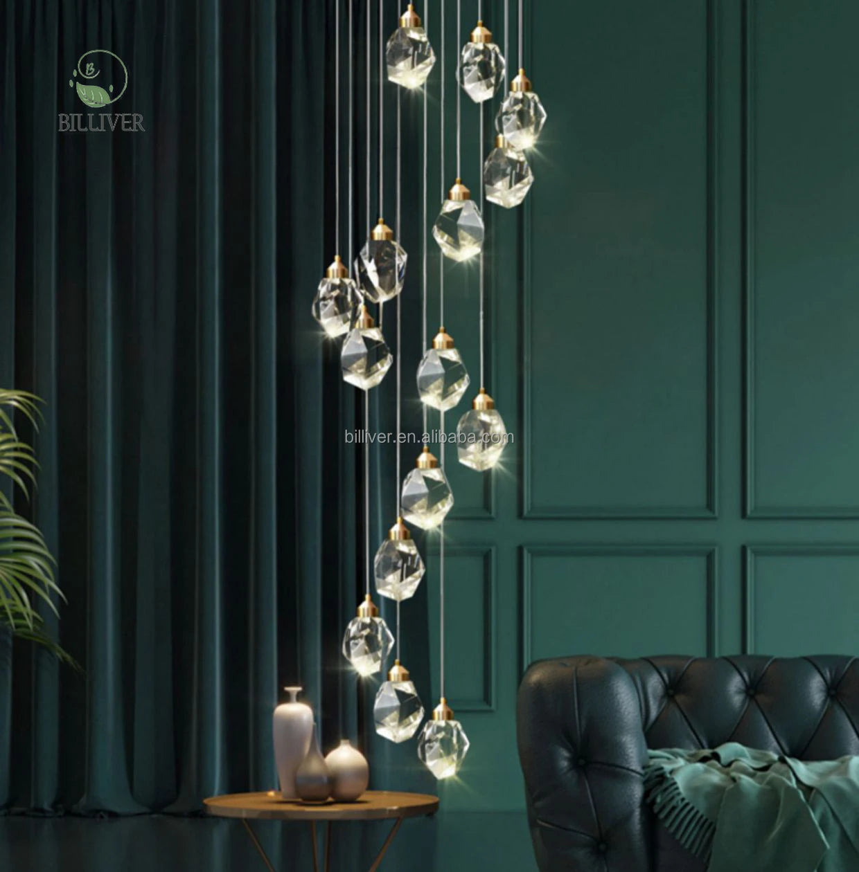 Faceted Crystal Cluster Pendant Light, 5 Heads on a Brass Canopy, 150 x 30cm, Fine Cable Suspension, Living Room & Stairwell