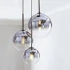 Grey Ombre Glass Cluster Pendant Light, 3 Globe Shades, Brushed Brass Fittings, 20cm, Staggered Drops, Dining Table and Kitchen