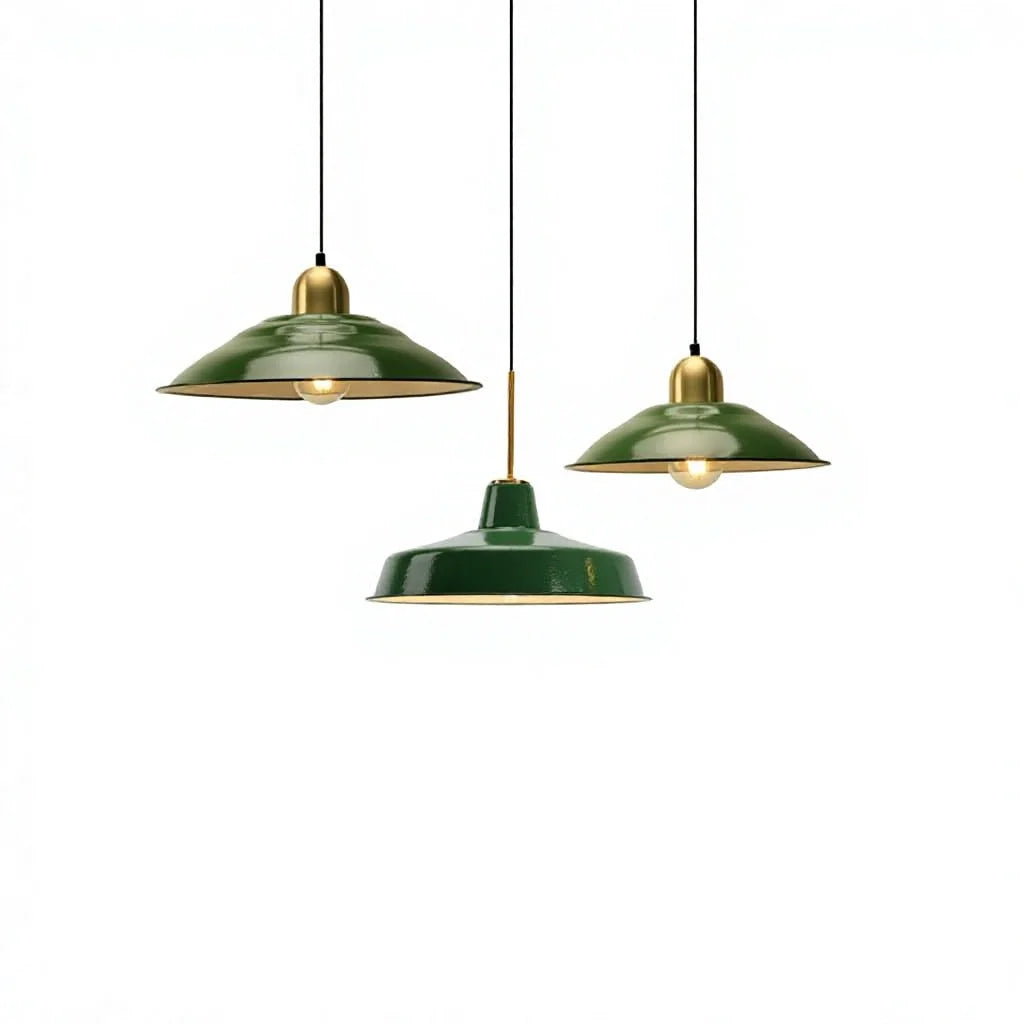 Glazed Green Enamel 35cm Dome Pendant Light, Brass Cap and Brass-Lined Interior, Exposed Bulb, Kitchen Island & Dining Table