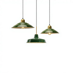 Glazed Green Enamel 35cm Dome Pendant Light, Brass Cap and Brass-Lined Interior, Exposed Bulb, Kitchen Island & Dining Table