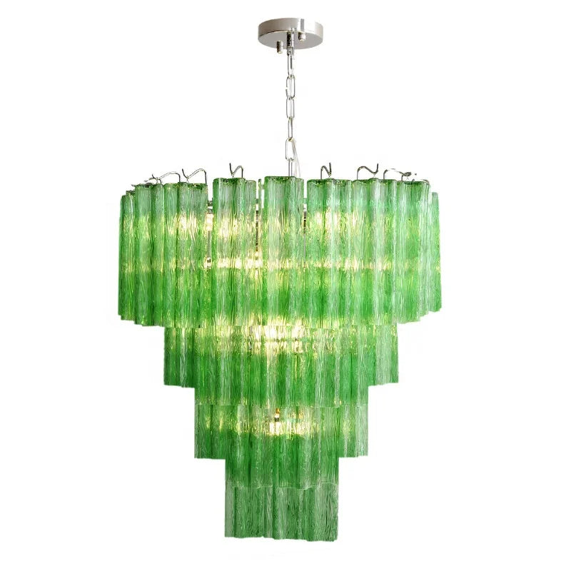 Fluted Green Opal Glass Tiered Chandelier, Chrome Chain Suspension, Two-Tier Silhouette, 40cm, Dining Room & Living Room