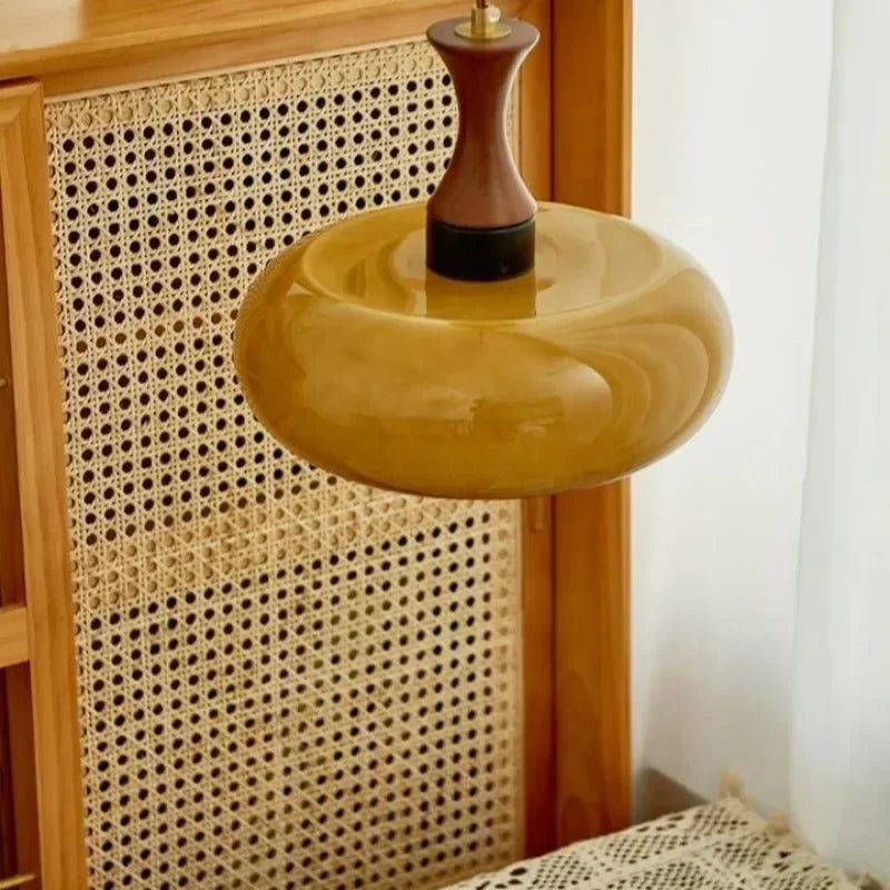 Fluted Amber Glass 28cm Ellipse Pendant Light, Turned Wood Neck with Brass Detail, Braided Cable Suspension, Kitchen Island & Dining Table