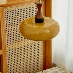 Fluted Amber Glass 28cm Ellipse Pendant Light, Turned Wood Neck with Brass Detail, Braided Cable Suspension, Kitchen Island & Dining Table