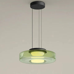 Smoked Amber Glass Disc Pendant Light, Integrated LED Ring, Black Cord Suspension, Dining Table, Kitchen Island & Home Office