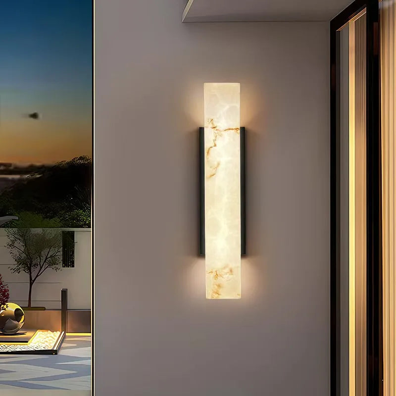 Natural Alabaster Panel Outdoor Wall Light, 60cm Height, Black Metal Spine, Integrated LED Glow, Porch & Garden