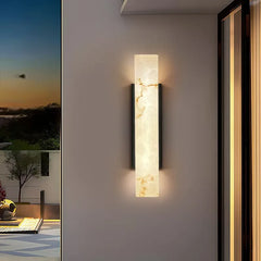 Natural Alabaster Panel Outdoor Wall Light, 60cm Height, Black Metal Spine, Integrated LED Glow, Porch & Garden