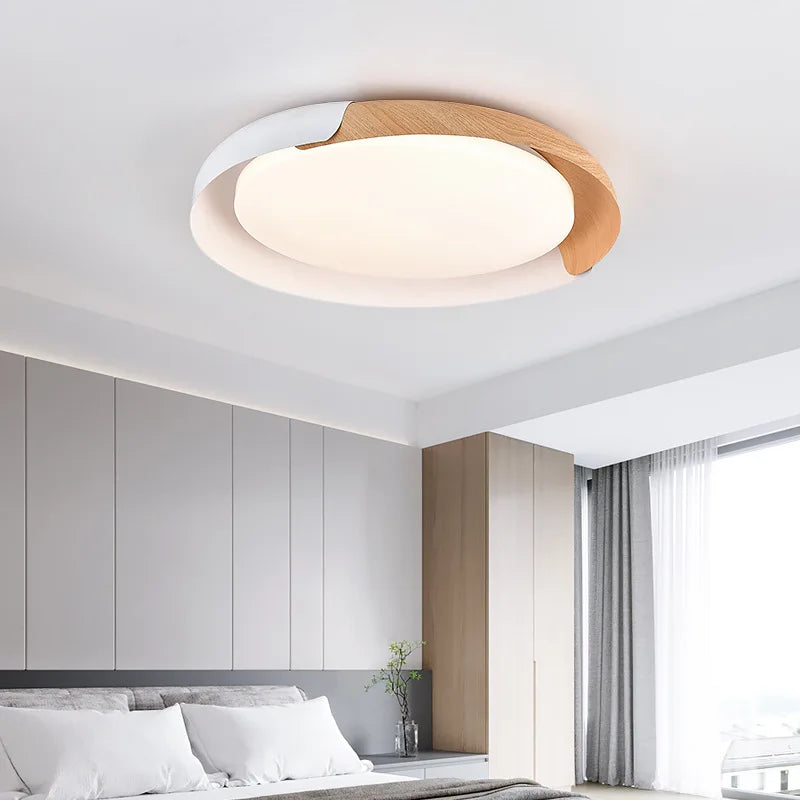 Matt White and Wood Ring Flush Ceiling Light, Two Tone Frame, Opal Diffuser, Integrated LED, Living Room, Hallway & Bedroom