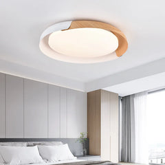 Matt White and Wood Ring Flush Ceiling Light, Two Tone Frame, Opal Diffuser, Integrated LED, Living Room, Hallway & Bedroom